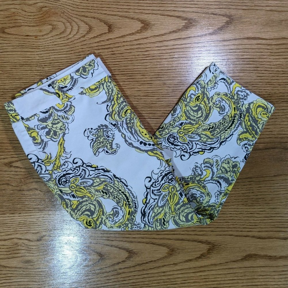 Ann Taylor Carnegie Crop Dress Pants White Yellow Paisley Chino Size 6P Petite